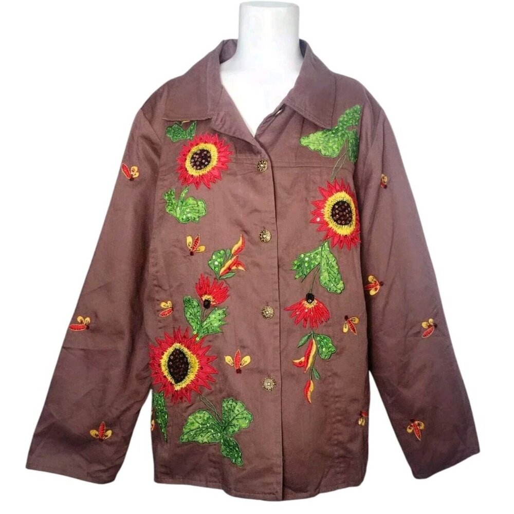 Tapestry Patch Embroidered Sunflower Softshell Jacket  XL Artsy Sequins Bees Vtg